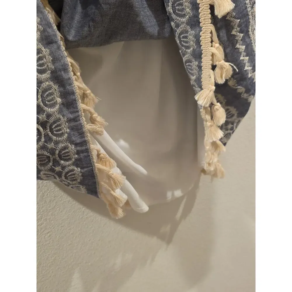 Mi Ami Francesca Blue Cold Shoulder Dress White Fringe Lace Sz L Western Boho - Picture 6 of 8